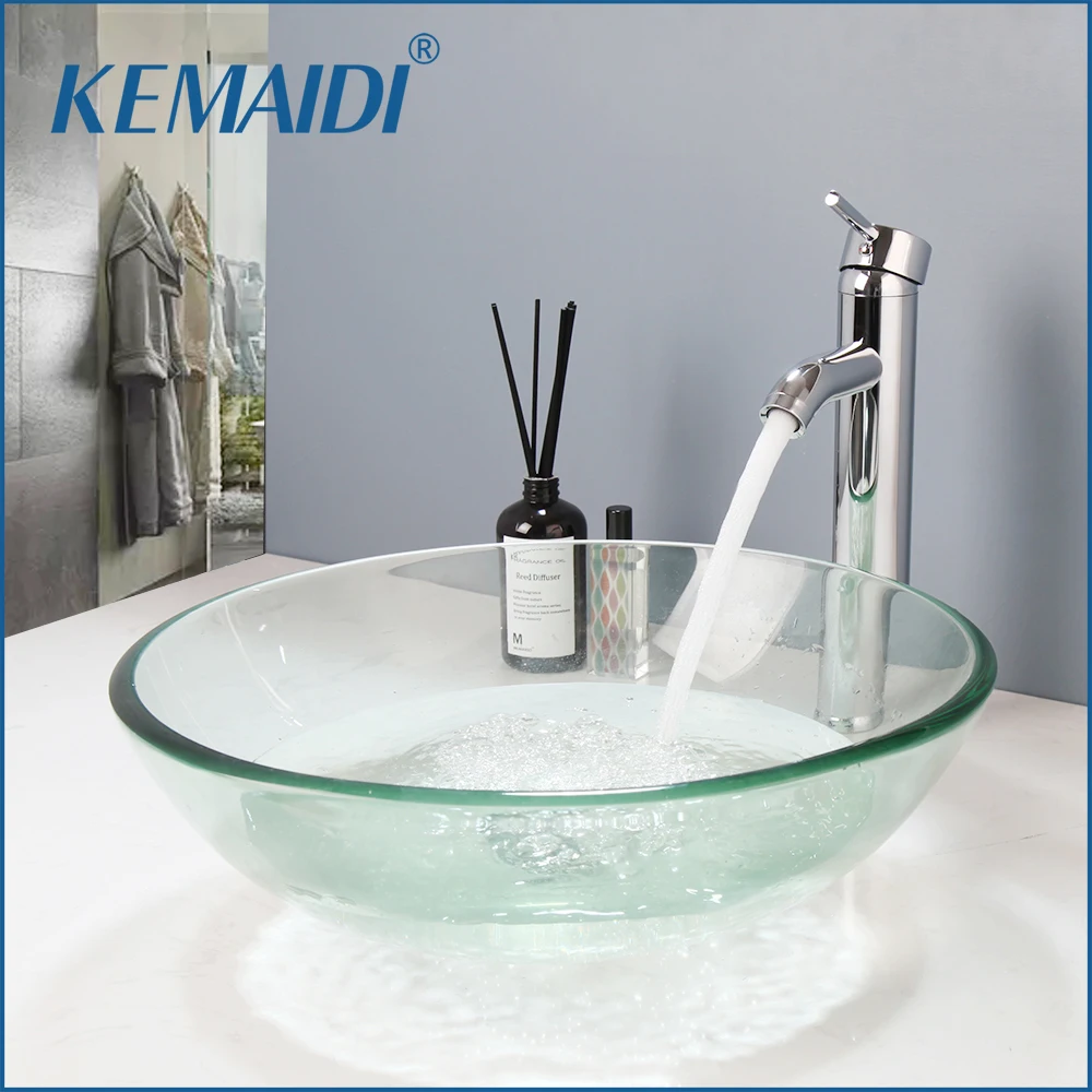 KEMAIDI Juego de lavabo redondo de vidrio templado transparente, lavabo de baño con grifo cromado combinado, kit de lavabo sobre encimera