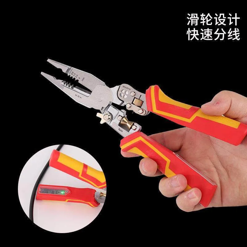 9 in 1 Multifunctional Wire Stripper, Cable Cutter, Wire Crimping Separation Pliers with Voltage Test Function for Electrician