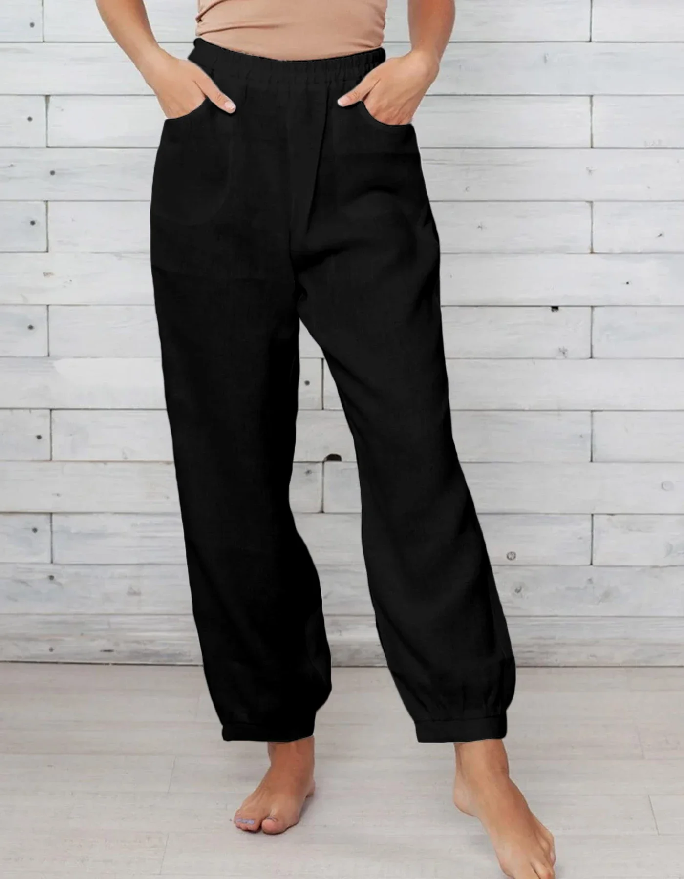 Women Casual Solid Pants High Waist Elastic Loose Fit with Pockets Comfortable Daily Trousers Daily Outfits Chic