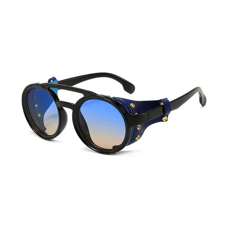 

Steampunk Shields Sunglasses Men Women Classic Glasses With Side Leather Round Eyewears Punk UV400 Lens Baseball sunglasses