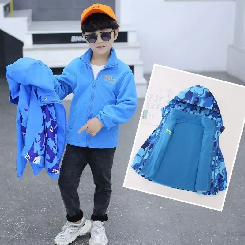 

2pcs Boys' Jacket 2024 New Three-in-one Removable Autumn Teenage Children Trench Coat Baby Boy Warm Fleece Winter Clothing