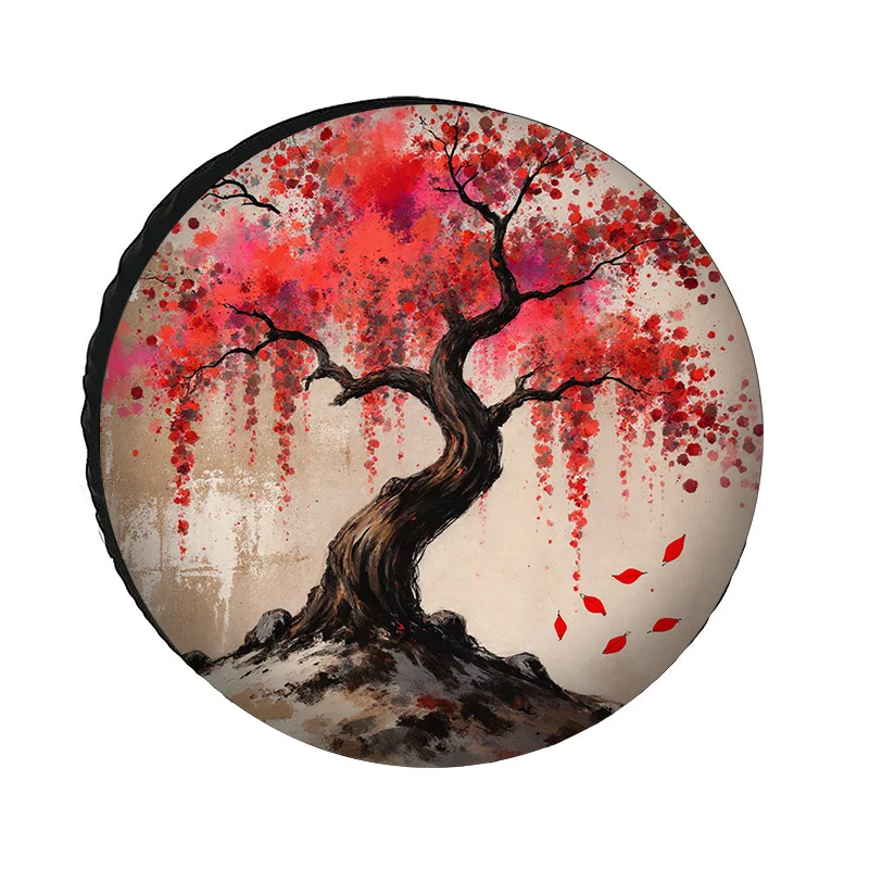 Artistic Gnarled Tree Watercolor Pattern Polyester Fiber Tire Cover Textured Off White Grungy Background Vibrant Red Pink Foliag
