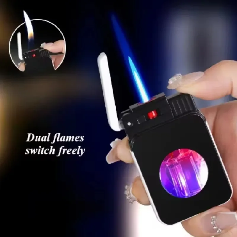 Elegant Open Flame Windproof Blue Flame Dual Fire Switching Lighter Colorful Light Perspective Gas Window Metal Lighter