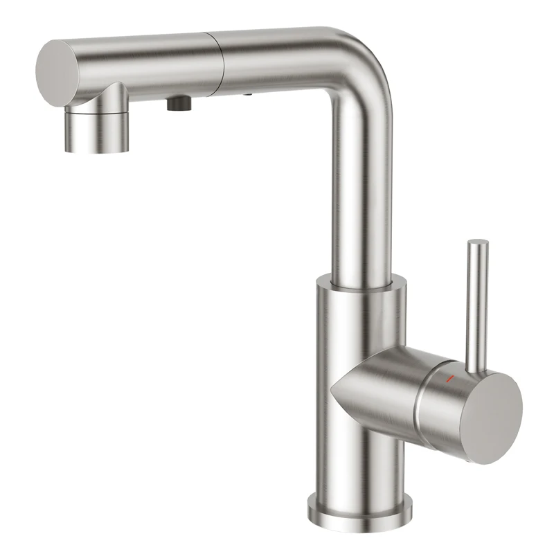 Classic 304 Stainless Steel Single Hole Kitchen Faucet Hot Cold Water Mixing Tap With Pull Out Sprayer Suitable For Bathrooms