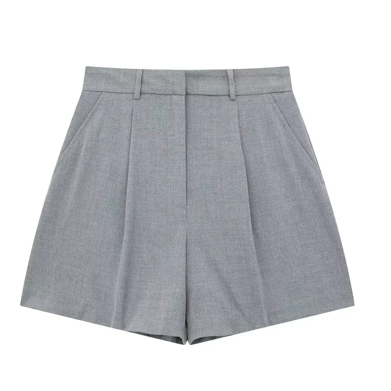 TRAF Sets For Women 2 Pieces Elegant Outfit 2024 Summer Sleeveless Tank Vest Top Shorts For Ladies Fashion Grey Casual Suit