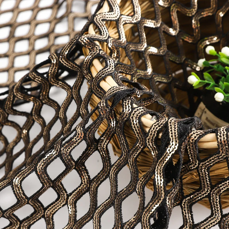 

Sequin Bead Embroidered Fabric Spring Summer Lace Embroidered Mesh Dress Hollow Out Designer Sewing Fabric