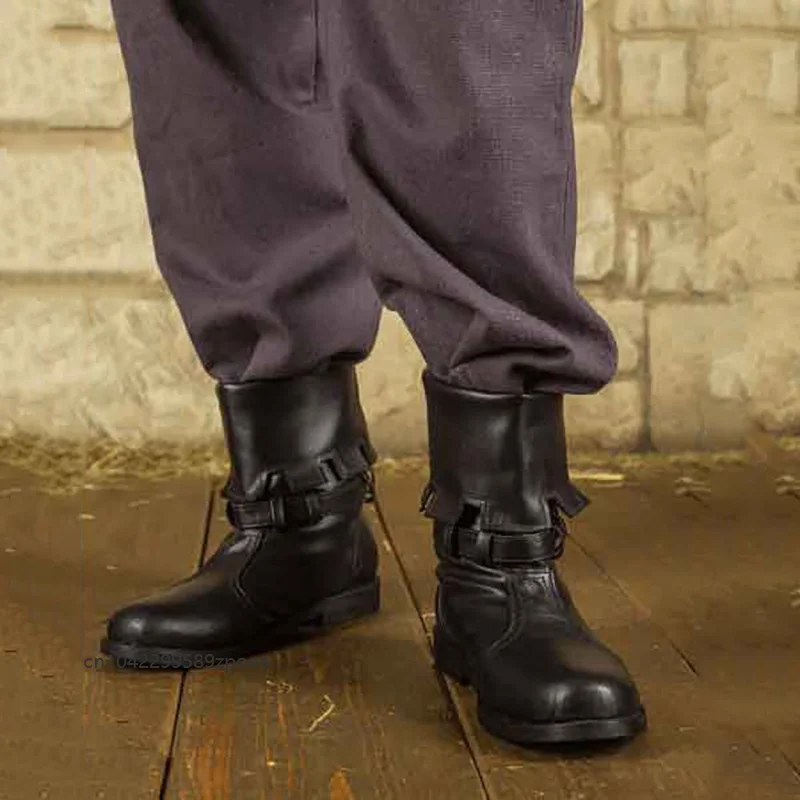 Retro Men Medieval Cosplay Ankle Boots Faux Leather Buckle Design Pirate Footwear Carnival Party Fancy Dress Historical Shoes