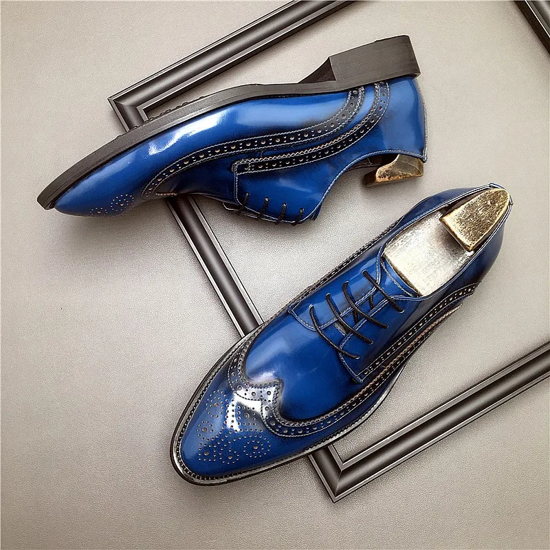 HKDQ Genuine Leather Men Brogue British Oxford Dress Shoes Fashion Wedding Pointed Tip Lace Up Business Shoes Formal Blue Shoe