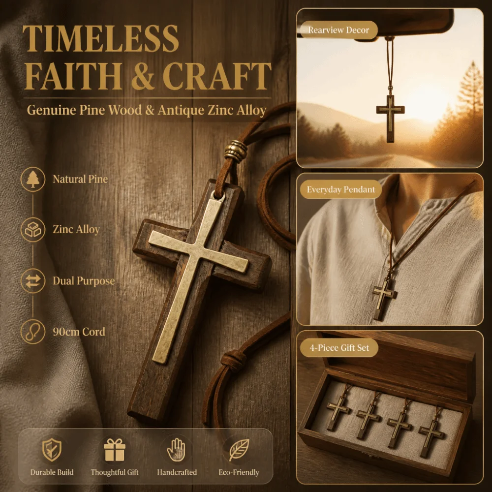 4pcs Pine Wood Material Wood Cross Necklace Cross Shape Zinc Alloy Frame Car Rearview Mirror Pendant Light Weight Smooth Surface