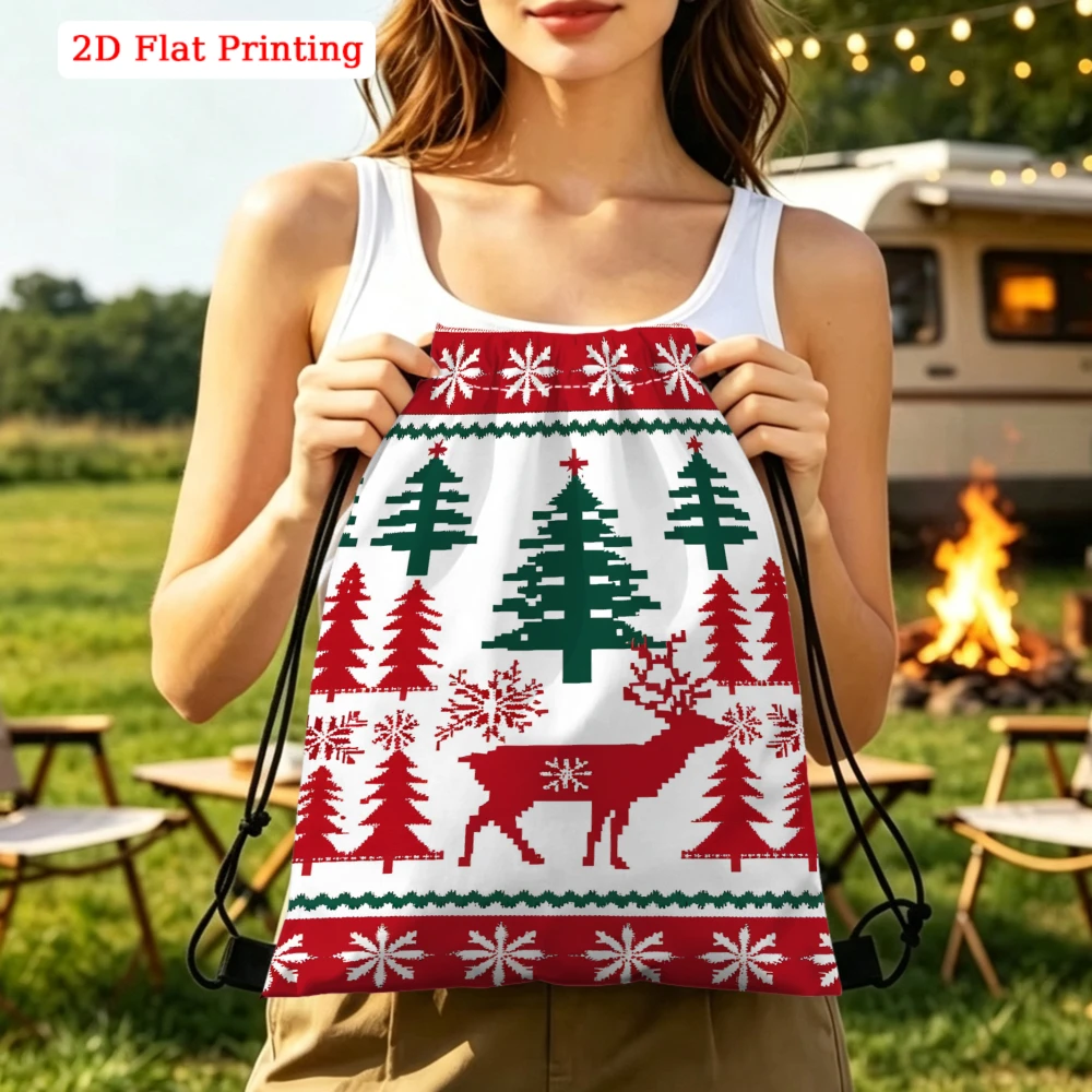 Christmas Style, Drawstring Backpack, Red Green Tree Reindeer Snowflake Pattern, Gym Sports Bag, Outdoor Travel Cinch Sack