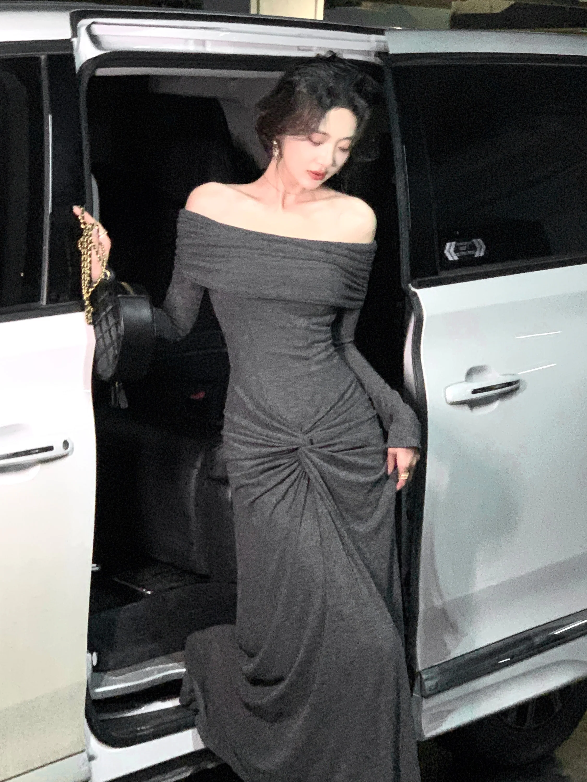 

Ele One-oulder Knitted Dr with Pleats Slimming Sexy Wrap around Skirt for Women Commute Sle Autumn Season Long Sve