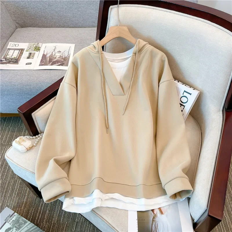 

Women's Beige Two-Piece Style Hoodie V-Neck Long Sleeve Loose Fit Casual Sweatshirt