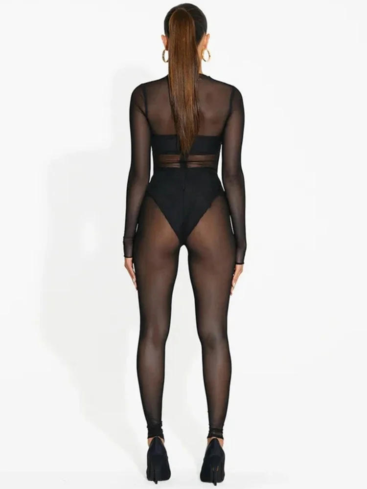 See Through Black Jumpsuit Long Sleeve Bodycon One Piece Outfit Women Sexy Combinaison Femme Mesh Patchwork Enterizos Para Mujer