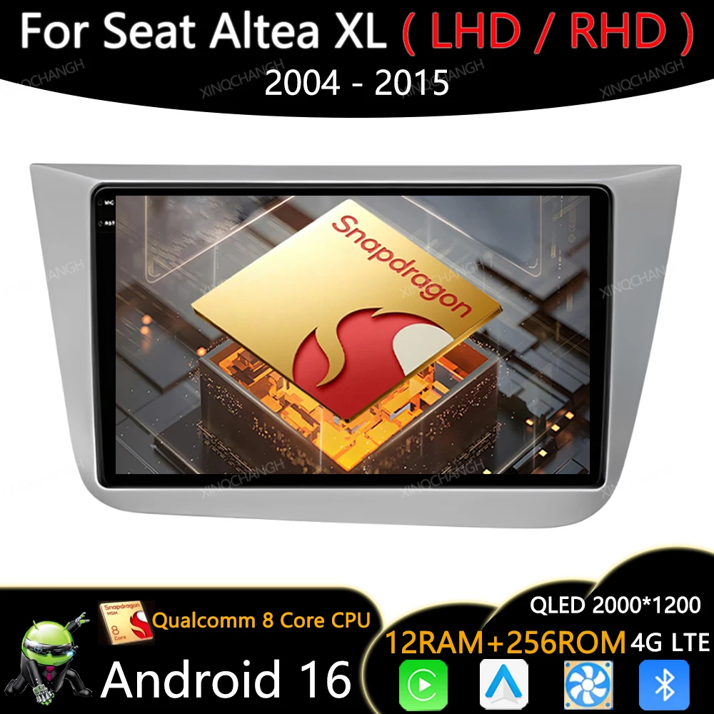Android 16 Car Radio For SEAT Altea XL 2004 - 2015 Qualcomm Carplay Auto GPS Multimedia Stereo Video Player 4G LTE 5G WIFI 2DIN