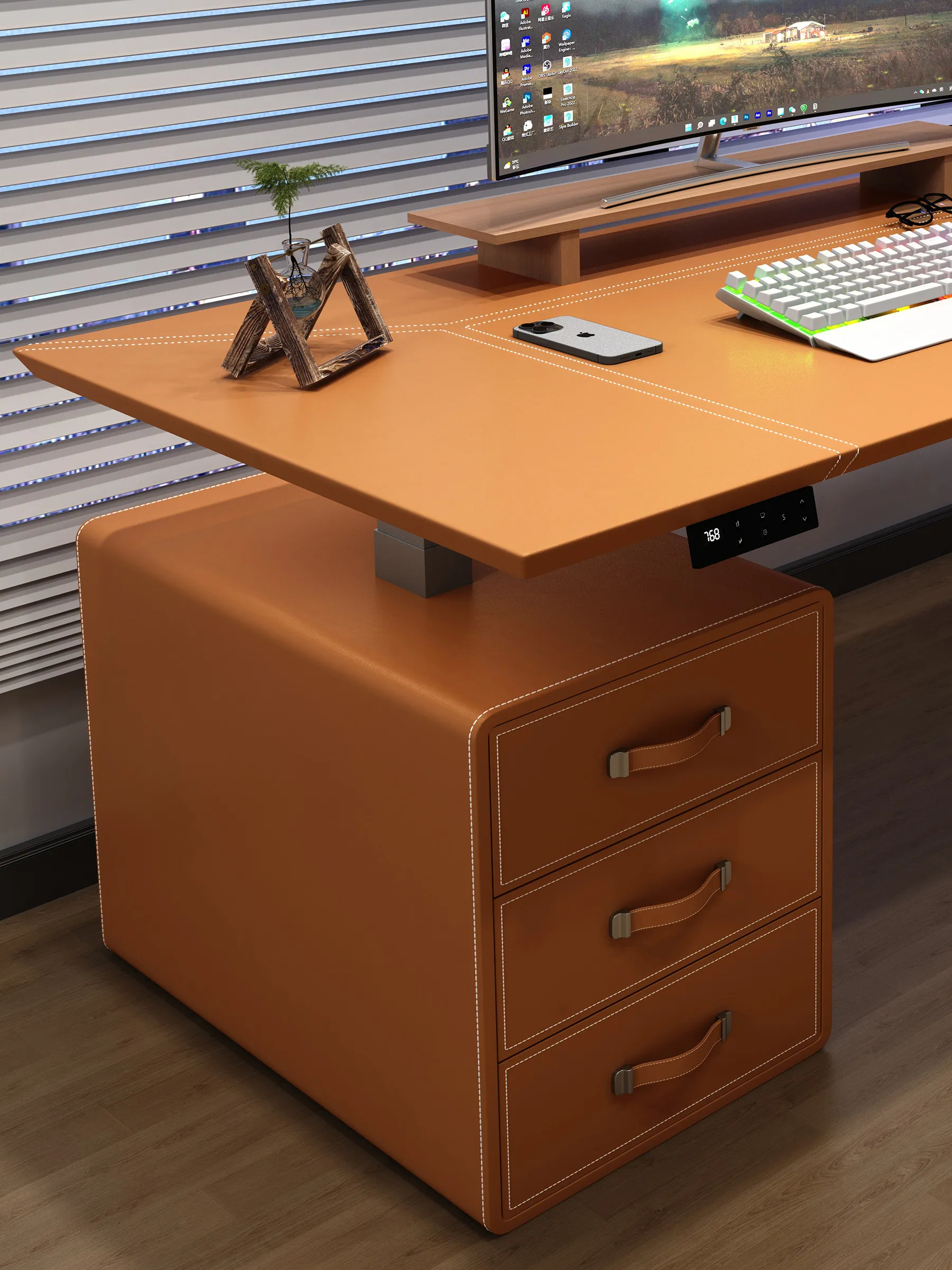 Smart Electric Lift Desk with Metal Frame and Saddle Leather Surface Double Plug Office E-Sports Study Workbench L56