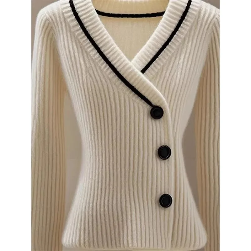 2025 New Apricot V-Neck Waist Knitted Cardigan Jacket  Women Spring Autumn Versatile Fashion Slim Sweater Coat Female Top