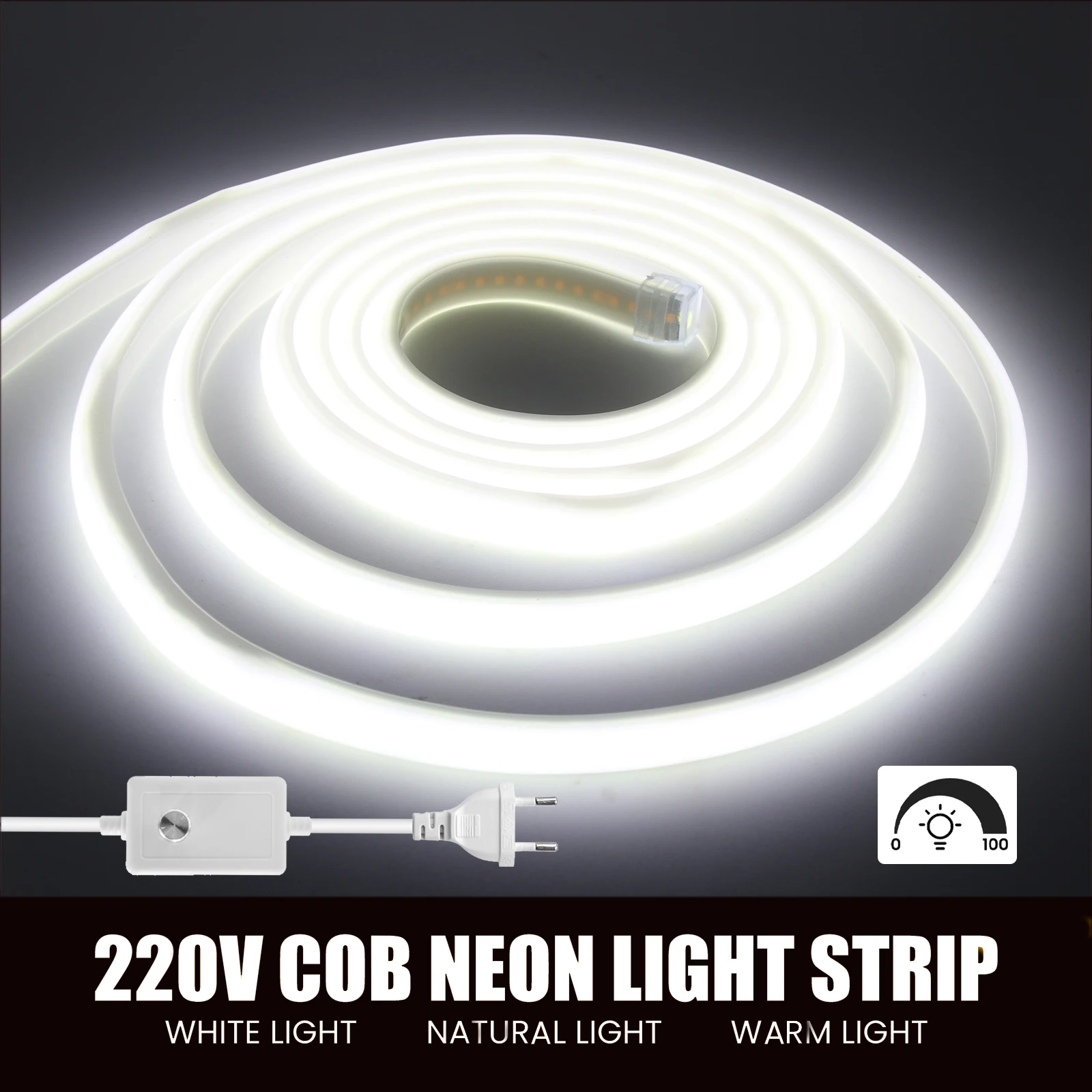 

AC 220V Dimmerable COB Neon Strip Waterproof EU UK Plug 288LEDs/M 3000K 4000K 6000K Milk White Flexible Ribbon Tape LED Light