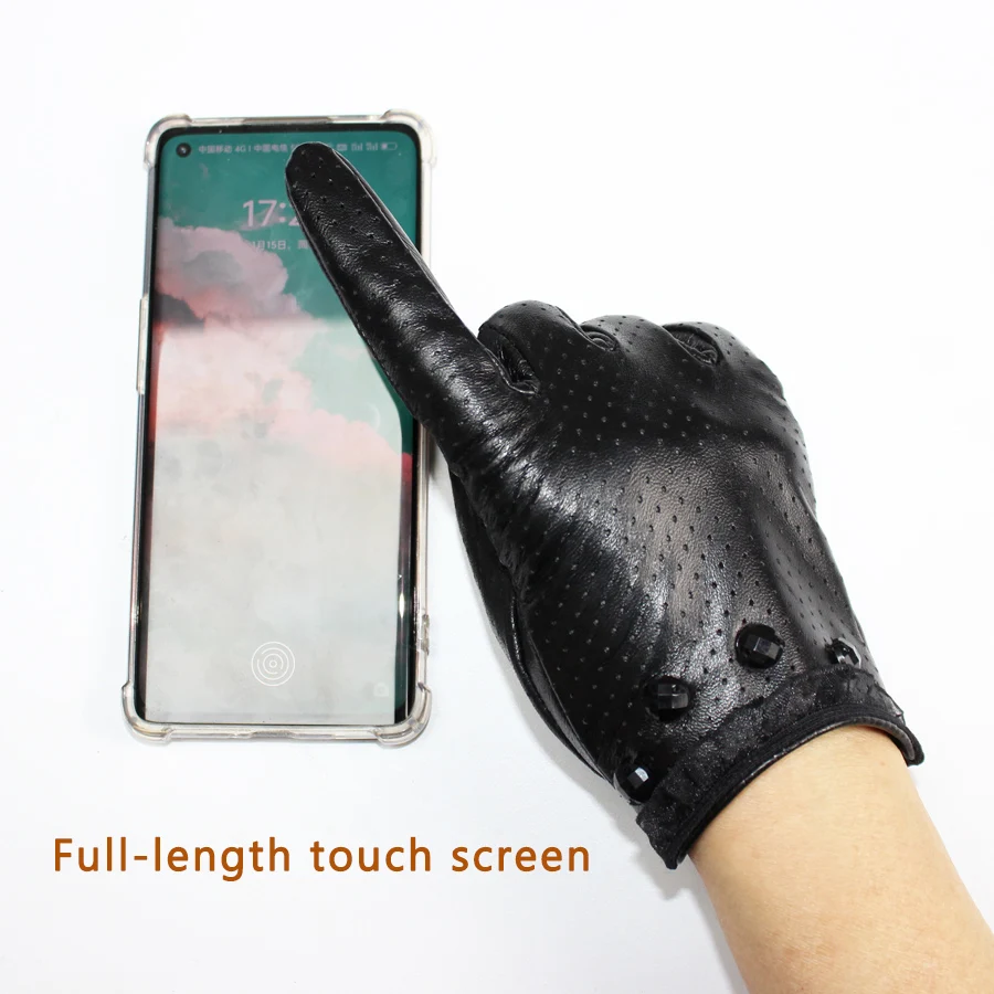 New women\'s sheepskin gloves thin unlined breathable mesh touch screen short leather gloves for riding and driving