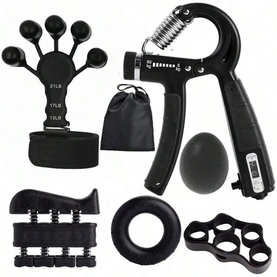 Adjustable Counting Hand Gripper 5-Piece Set: Forearm Trainer, Finger Stretch Rope, Grip Ring & Stress Ball for Strength Trainin
