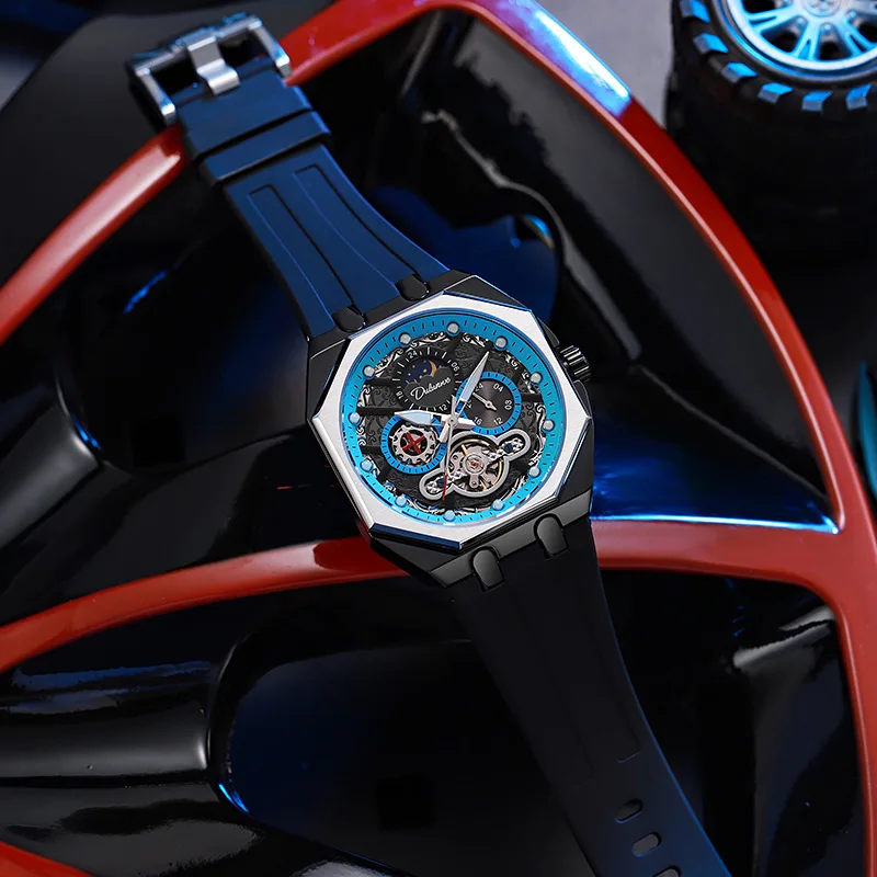 Neue vollautomatische mechanische Uhr Tourbillon Cut Out Herrenuhr Sonne, Mond und Sterne leuchtende wasserdichte Uhr