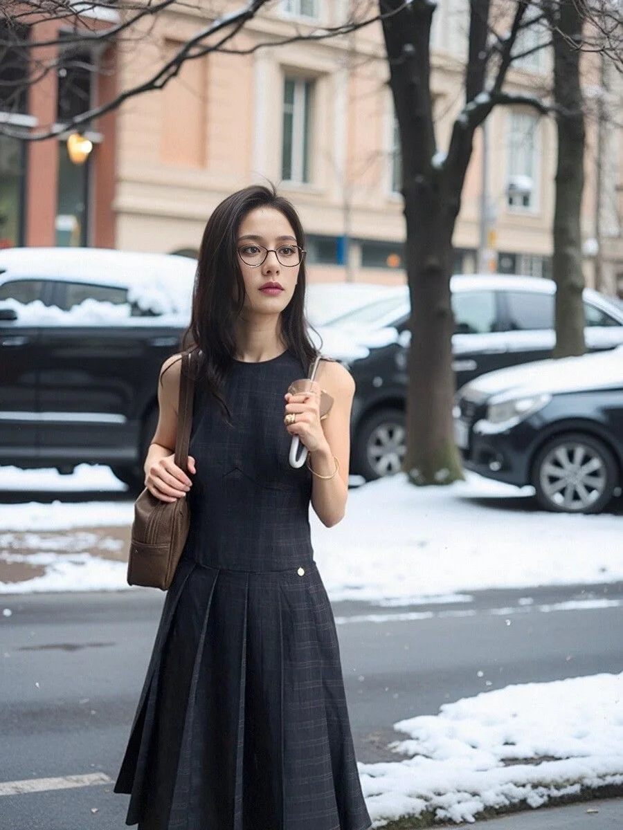 

2024 Miu Miu Inspired Dress - French Vintage Plaid Pleated Sundress, Sleeveless Schoolgirl A-Line Mini Dress f170