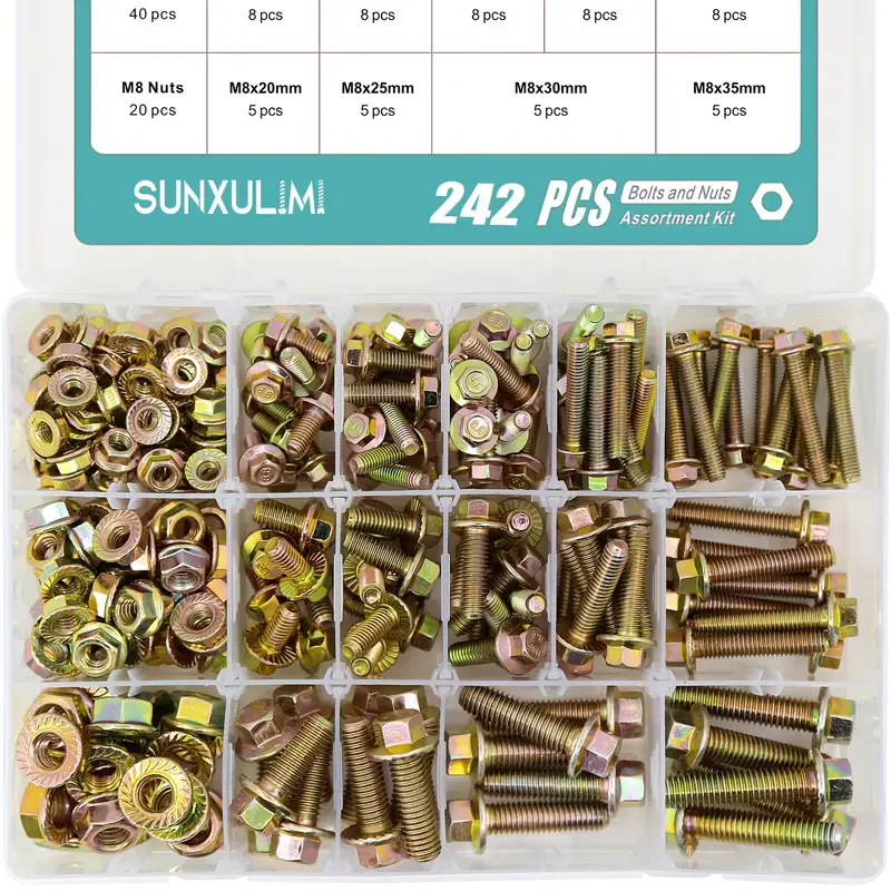 

242pcs Grade 8.8 M5 M6 M8 Flanged Bolts and Nuts Kit, Metric Flanged Hex Screws Nuts Includes 14 Most Common Sizes