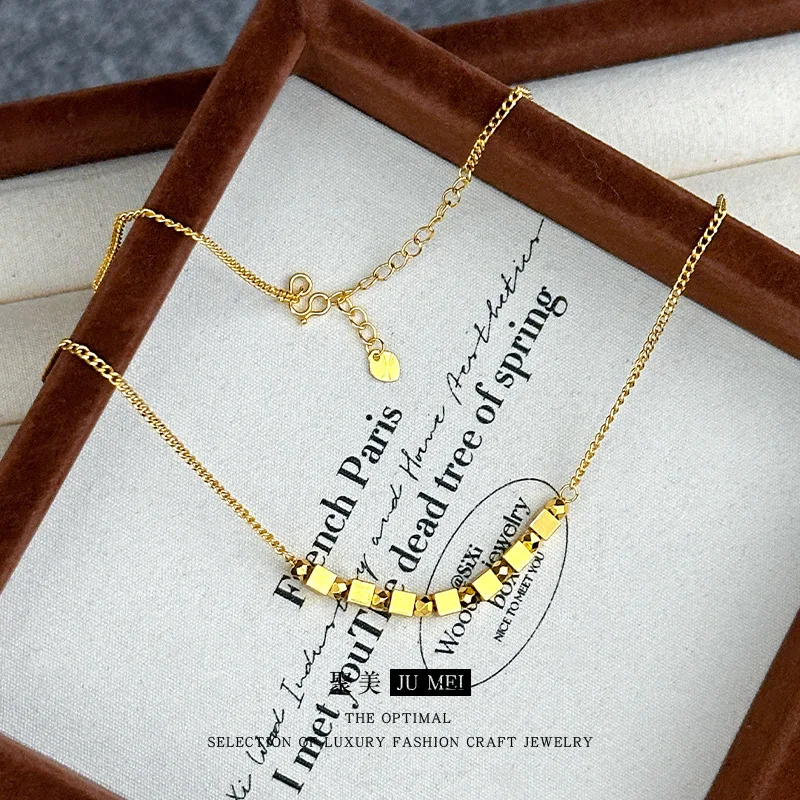 Viora Jewelry New clavicle chain 24K flashing small square necklace 9999 Real gold women's ins cold and simple light luxury desi