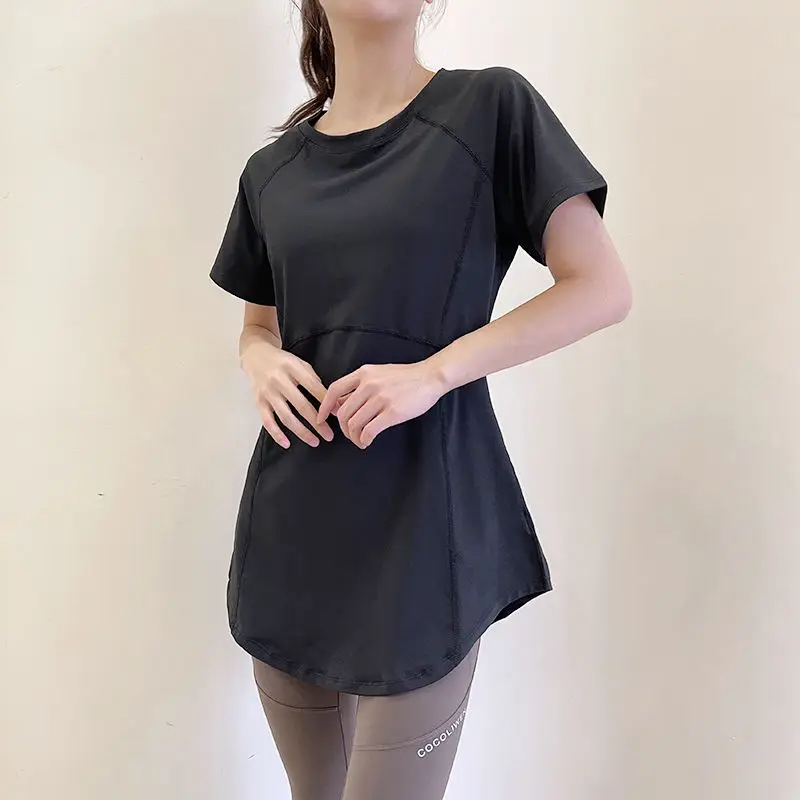 Women's Yoga Fitness T-shirt Short Sleeve Quick Dry Breathable Mid-Length Cover Butt Slimming Summer Sportswear Polyester