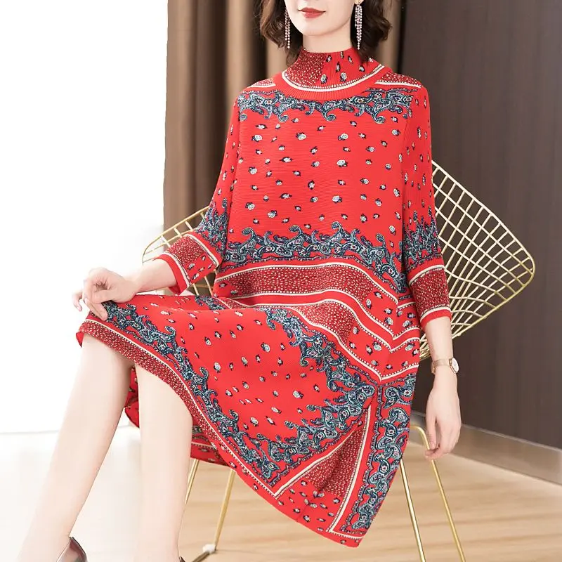 

Oversized Retro Dress Autumn 2024 Fashion High Neck Printed Loose A-line vestidos de mujer elegantes para fiesta