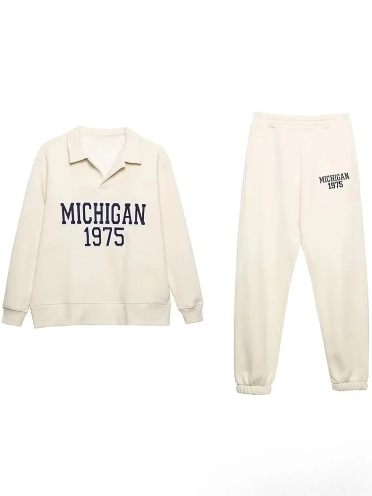 

KONDALA Casual Solid Women Suit Wording Polo-Neck Pullover Sweatshirts Loose Jogging Pants Chic Fashion 2025 Spring Summer Sets