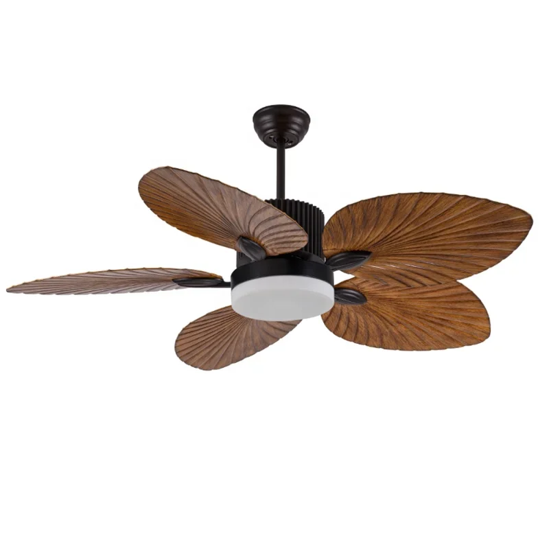 Southeast Asia Style Holiday Hotel Creative Brown Tree Leaf Blade Decor Ceiling Fan With Light Remote Control