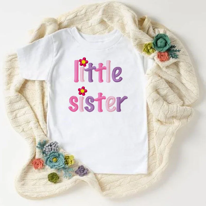 Big & Little Sister Matching T-shirt Round Neck Girl\'s White T-shirt Baby Girl Bodysuit Sister Matching Outfit Big Sis Lil Sis