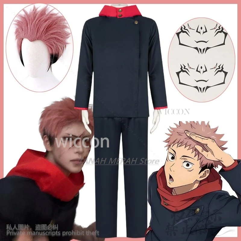 

Аниме дзюдзюры косплей Itadori Yuji костюм Касен куртка брюки униформа костюм парики татуировки на Хэллоуин Рождество Cos Custo disfraz