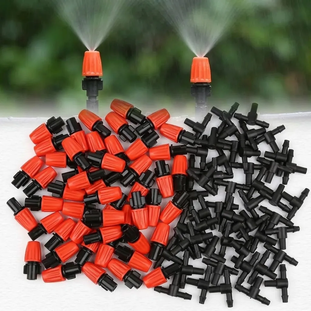 Garden Greenhouse 4/7mm Hose Sprayer Watering System With 7.5-10L/H T-Type Orange Adjustable Misting Nozzle And 1/4 Inch Tee