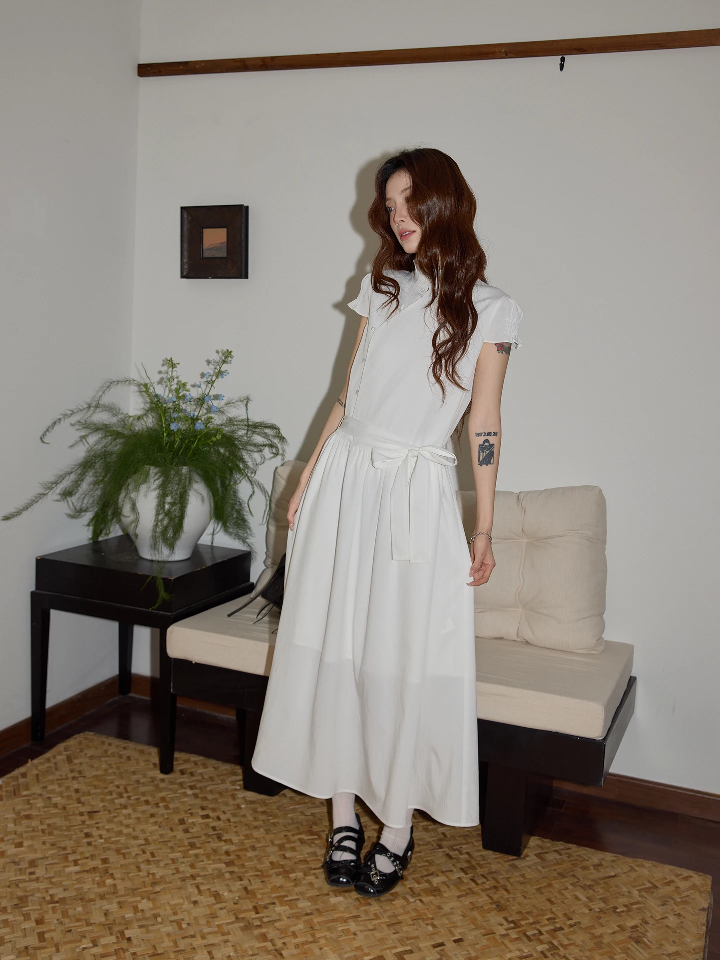 

Chaocha Home White Stand Collar Long A-Line Dress Women's Summer Slimming Waist Cinched Sleeveless Korean Style Commute Dress