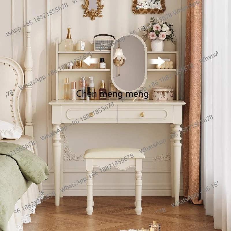 

French Cream Style Dressing Table for Home Bedroom American White Makeup Table with Mobile Mirror