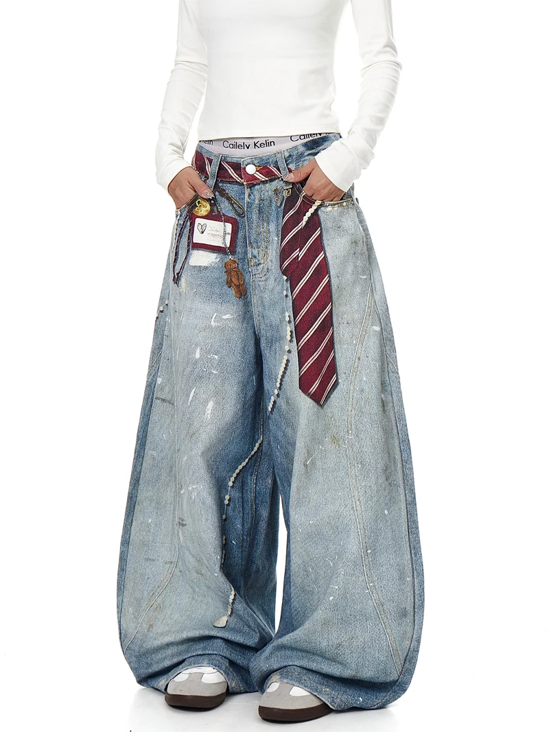 سروال Scimitar للسيدات والفتيات للخريف سروال قصير كبير الحجم في الهواء الطلق واسع الأرجل مرقع منقوشة الجرونج كلية فنية عتيقة #4