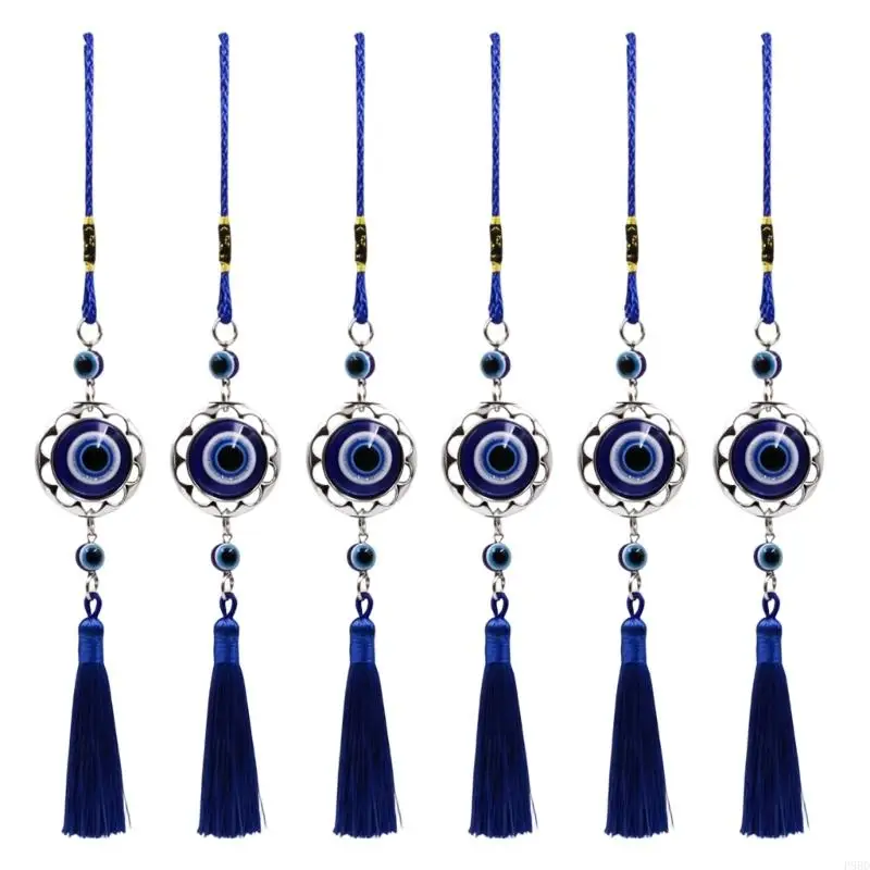  Set Of 6 Turkish Blue Evil Eyes Glass Hanging Decoration With Long Fringe For Vehicle Interior And Indoor Car Accessories