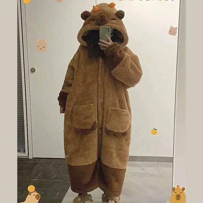 

Woman Showerpadded Warm Plus Size Cartoon Bear Pajamas Coffee Color Dressing Gown Coral Velvet One-Piece Pajamas