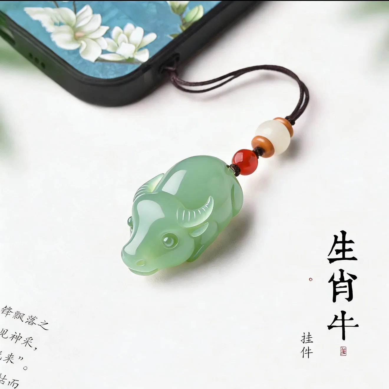 Chinese Style Auspicious Natural Jade Carved Chinese Zodiac Ox Pendant Good Luck Blessing Wealth Fortune Keychain Phone Lanyard