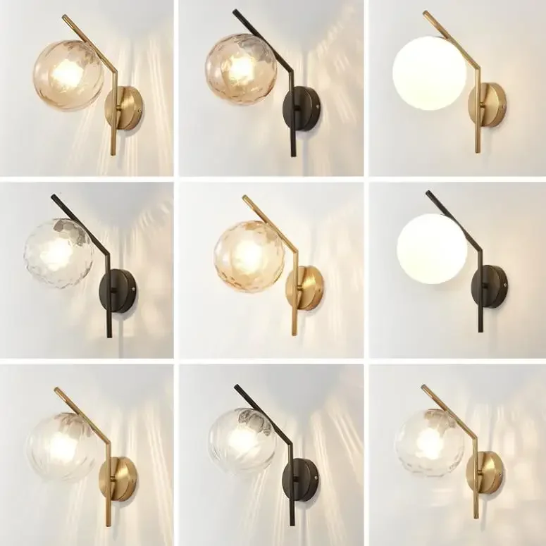 ブラックゴールド北欧ガラス壁ランプLED屋内ムーンウォールランプ寝室通路装飾ラウンドモダンベッドサイドライト壁ライト