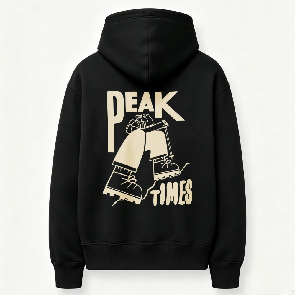 Peak Times Climber Hiking Boots Line Art Graphic Hoodie Back Sweatshirt Mountain Trekking Wilderness Adventure Outdoor Hooded