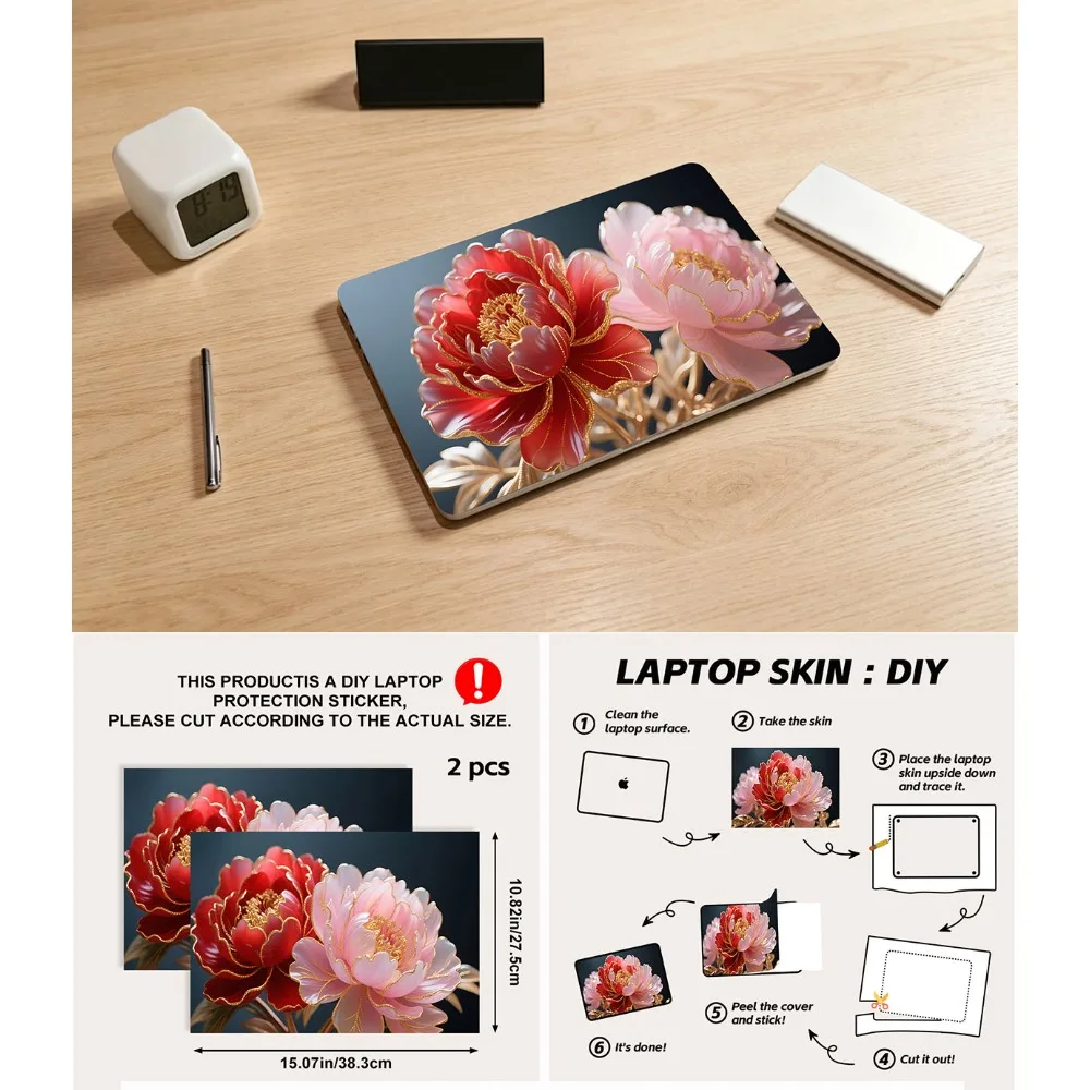 Golden Line Red Peony Floral Laptop Skin Anti Scratch Protective LaptopsStickers for Universal