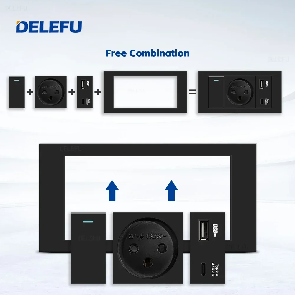 DELEFU Flame Retardant SC31 Panel 145mm Black Israeli Standard USB Type C Fast Charging Wall Socket Switch TV Tel CAT5 CAT6