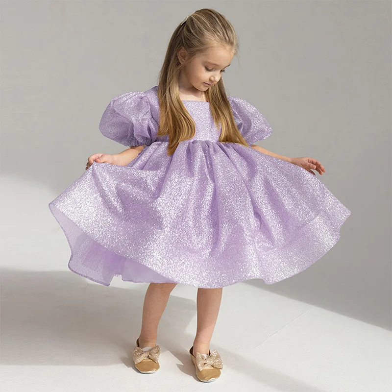 2025 New Hot Selling Performance Banquet Big Bubble Sleeve Waist Cinched Bright Flash One Collar Big Bow Dress