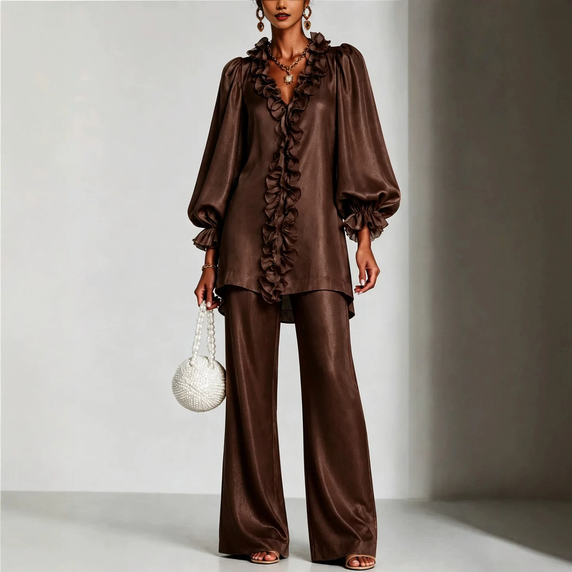 Fashion Bright Color Blouse Women's 2 Pieces Set Autumn Elegant Long Sleeve Shirt With High Wiast Wide Pants Set Female Outfits