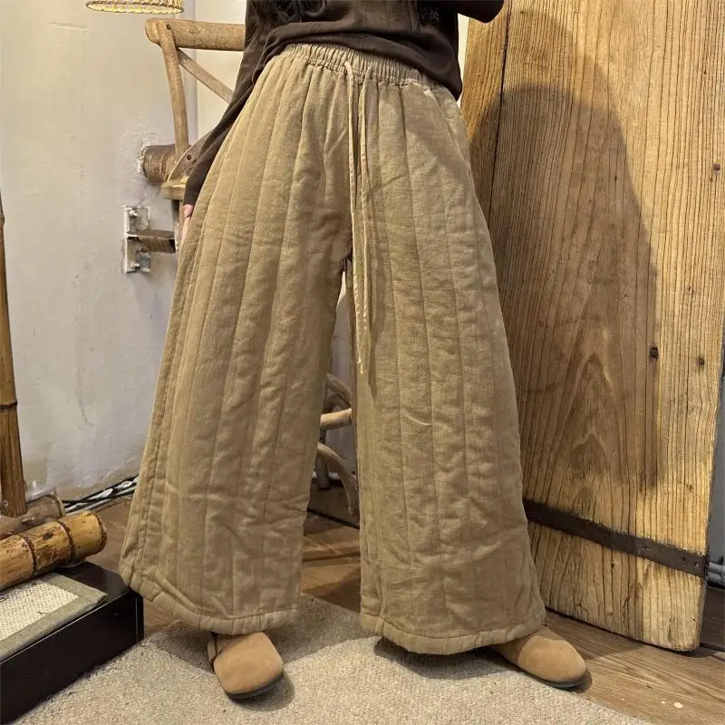 

2025 New Winter Retro Pants Women Chinese Style Casual Versatile Linen Down Cotton Wide Leg Pants Casual Female Trousers