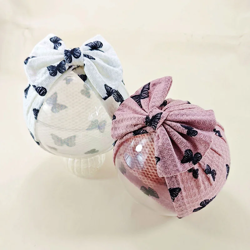 

Butterfly Print Baby Pullover Hat Waffle Turban Hat Sweet Bow Beanie Headband 0-6Month Newborn Headscarf Kids Hair Accessories