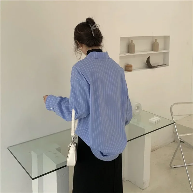 Shirts Women Blue Striped Loose Harajuku Long Sleeve Casual Spring Tops Students All-match Fashion Simple Korean Ulzzang Chic BF