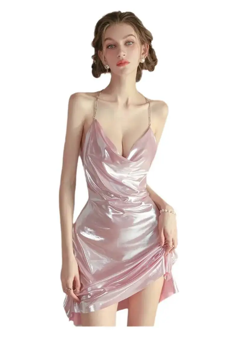 Sexy Shiny Nightclub Dance Hot Seduction Bag Buttocks Tank Mini Dress Sweet Tops Hanging Neck Female Dress Elegant 2026 YTO8